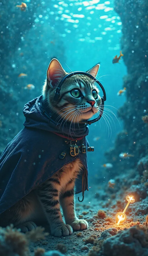 
The cat, donning its cloak, dives into the sparkling ocean depths, surrounded by fish that glow in the deep blue water. With an underwater helmet and gear, the cat discovers a mysterious key at the bottom of the sea, radiating light. The cloak billows in ...