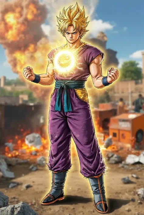 A highly detailed anime-style illustration of Son Gohan from Dragon Ball in his age form, transformed into a Super Saiyan. He has golden spiky hair and glowing greenish-blue eyes, wearing his battle-worn purple Piccolo-style gi. Gohan is in an intense batt...