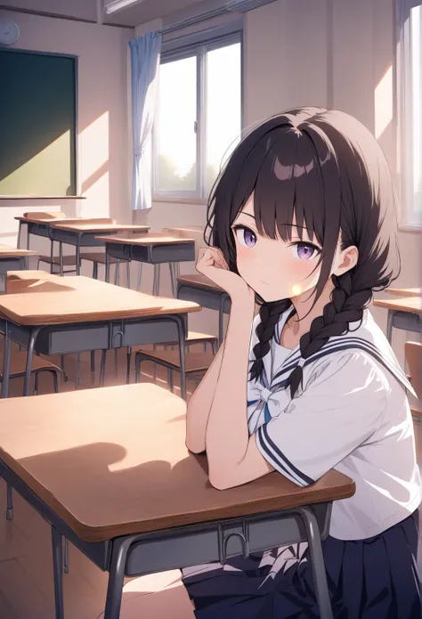 "A high school girl sitting in a classroom, slightly turned to the side while resting her hand on her head, gazing at the camera with an intense yet soft expression. She is wearing a sailor-style school uniform with a white short-sleeved blouse and a navy ...