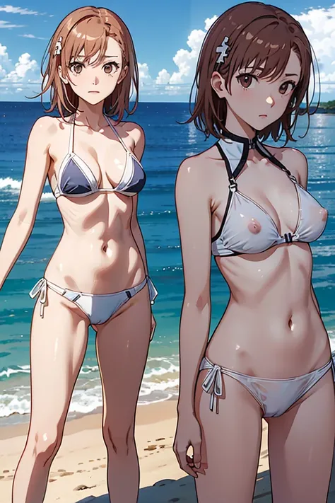 Blue ocean sandy beach coast、 at dusk 、white thin fabric see-through bikini、with raised nipples、SMALLE BREASTS、I'm taking off my pants、The genitals are transparent、embarrassed expression、Misaka Mikoto、4K、high image quality、