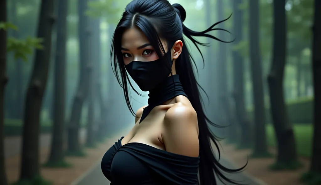 A female ninja, perfect face and perfect body, thin waist, mask and off-the-shoulder crop top