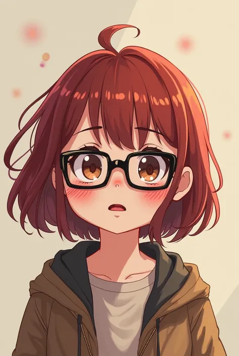 Generate a pale chubby anime girl with dark red hair, big brown eyes, chunky square black glasses and dark lipstick 