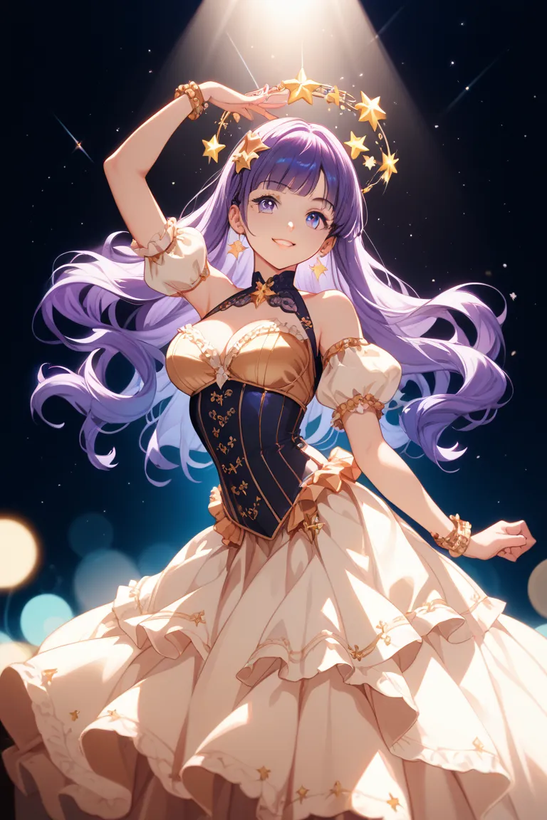 An idol with purple hair and stars in her eyes