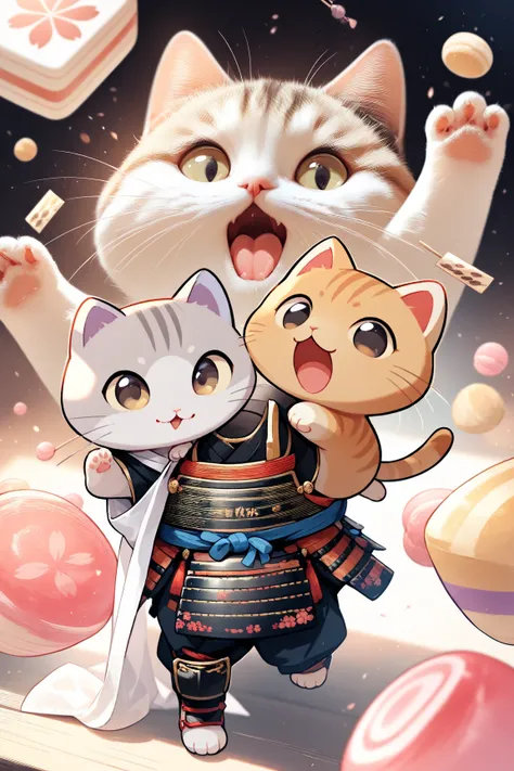 (masterpiece, best quality:1.2), Animal Focus ,  there are no humans, chibi-style cats, , proportions of 2 heads, samurai armor with soft cloth details, holding a colorful dumpling skewer、 (Japanese sweets) Holding it with one leg、waving at the viewer with...