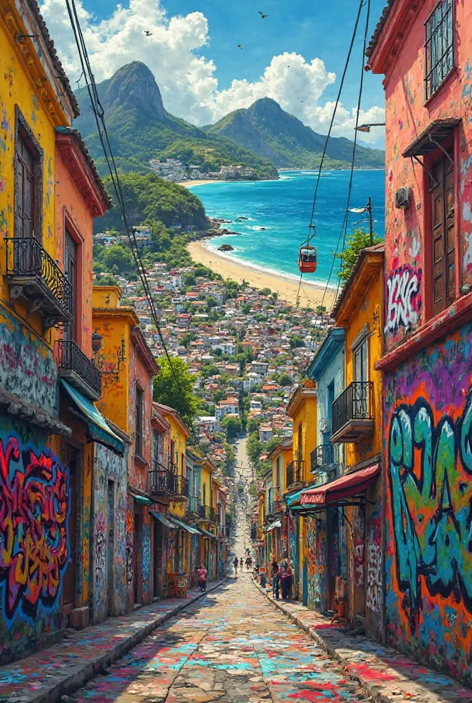 Create a graffiti wall with the favelas of Rio de Janeiro and cable cars and beaches and in the middle a cursive signature written “RIO 40 degrees``
