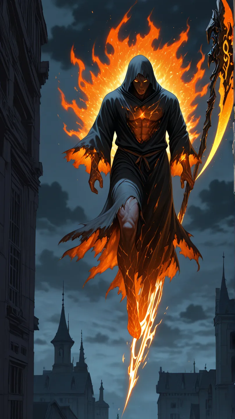 masterpiece, best quality, good quality,
1man, solo, orange eyes, shaved, dark hair, black hoodie robe, torn robe, medium muscle body, athletic, holding a scythe orange aura, glowing scythe, glowing orange aura, he is floating, on the city ruin, epic RPG s...