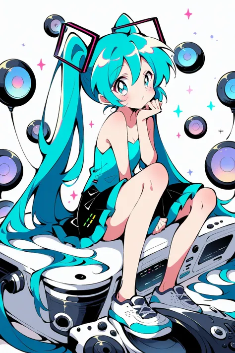 (has the best quality, sketch:1.2),practical, illustration designer  ,cunning，1 girl,   Hatsune Miku  ， delicate lips , hand， strapless， Neon long hair  ,  high ponytail green  ， skirt， Put your foot on the sound，sneakers。 masterpiece,  This style is very ...