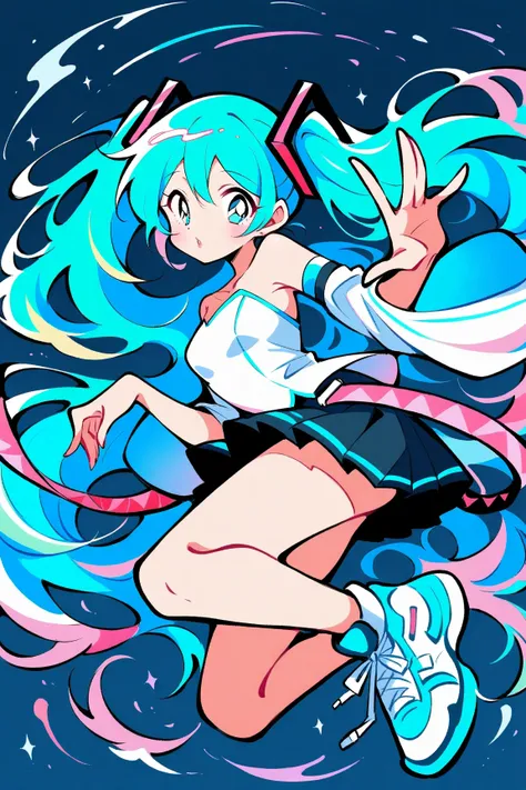 (has the best quality, sketch:1.2),practical, illustration designer  ,cunning，1 girl,   Hatsune Miku  ， delicate lips , hand， strapless， Neon long hair  ,  high ponytail green  ， skirt， Put your foot on the sound，sneakers。 masterpiece,  This style is very ...