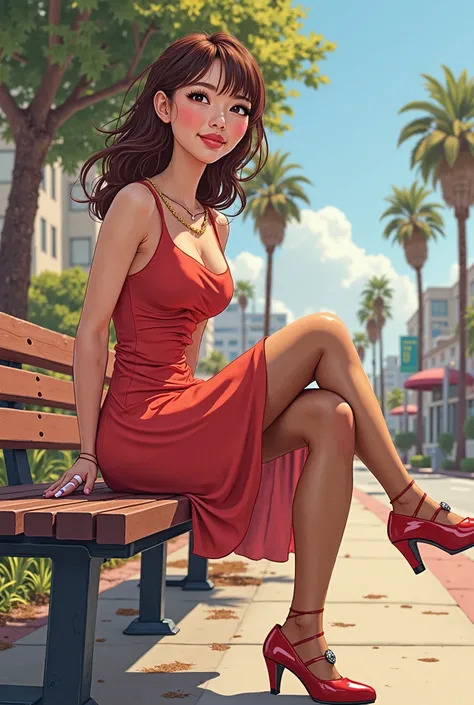 Tip: A very lovely  beautiful Asian American woman being happy alone on a bench in Downtown San Diego in the sun… The illustration is a high definition illustration with 4k resolution., with highly detailed facial features and cartoon style visuals, red kn...