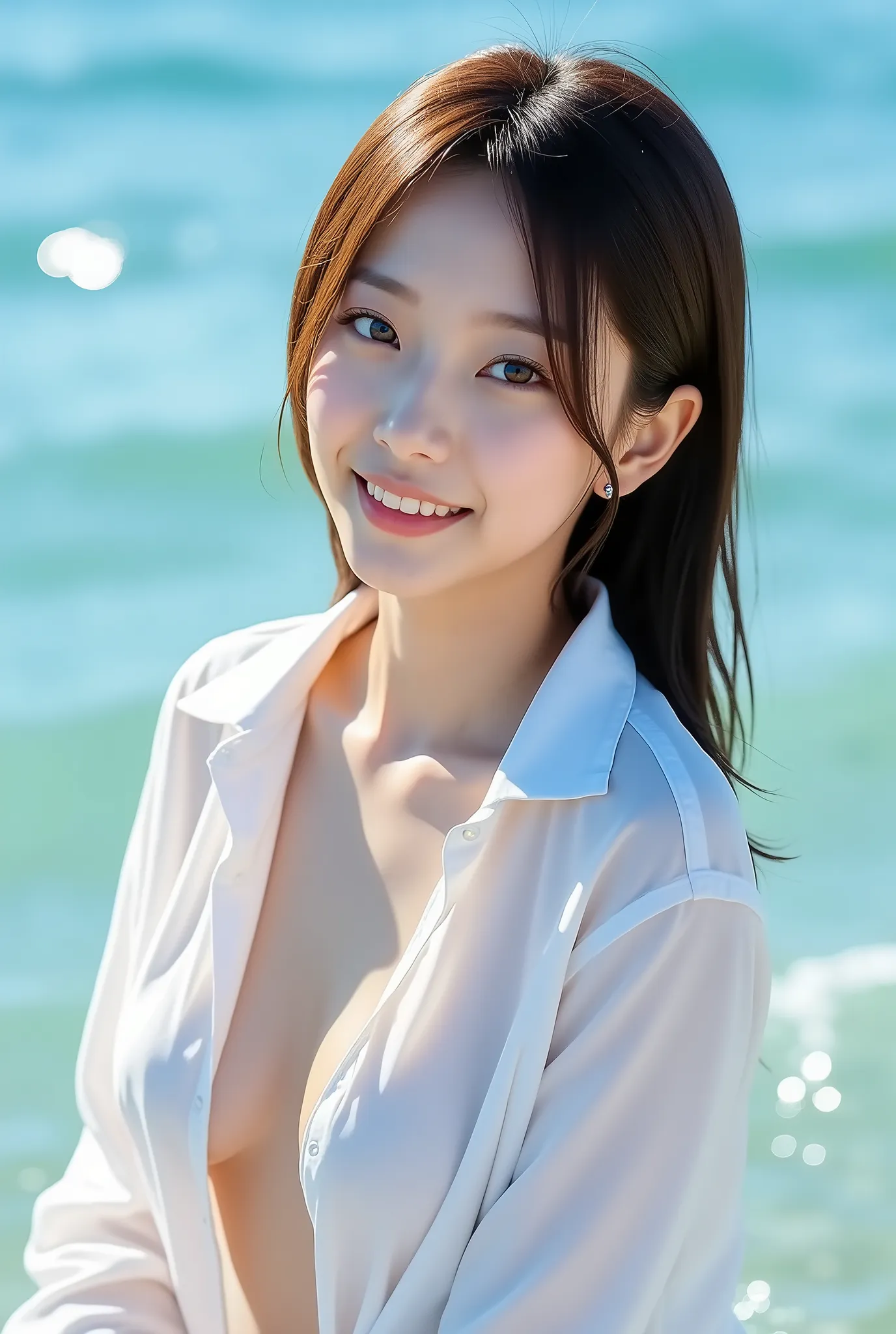 8k,RAW photo, ultra high res, realistic photo, Under bright sunlight, featuring a skinny young Japanese singer not wearing makeup and very small breast, with pixie brown hair, sun tanned skin, leaning backward in the blue sea, wearing a low-cut white airy ...