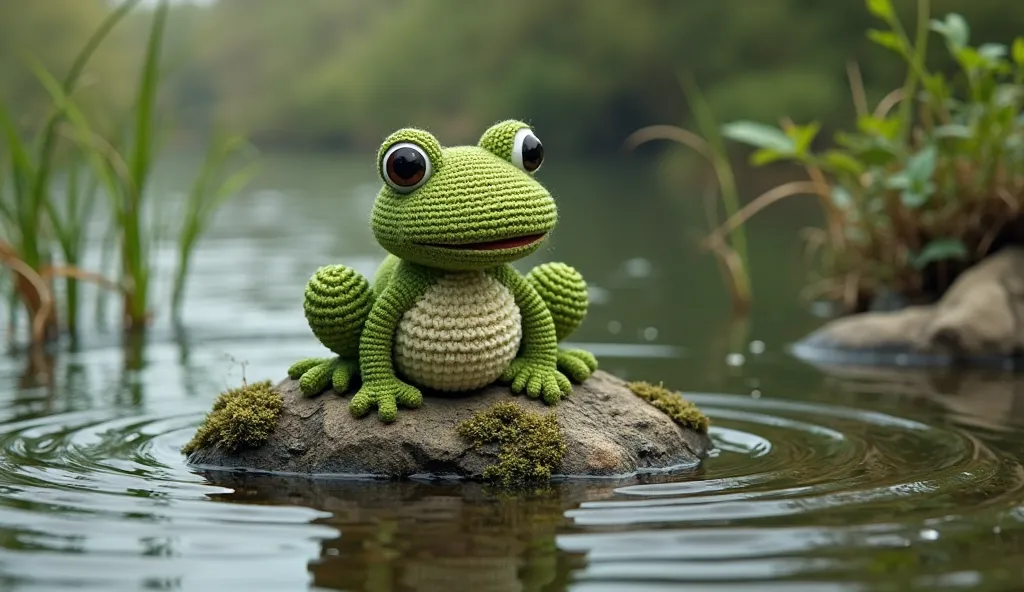 a crochet frog on a rock in a lake with moving water