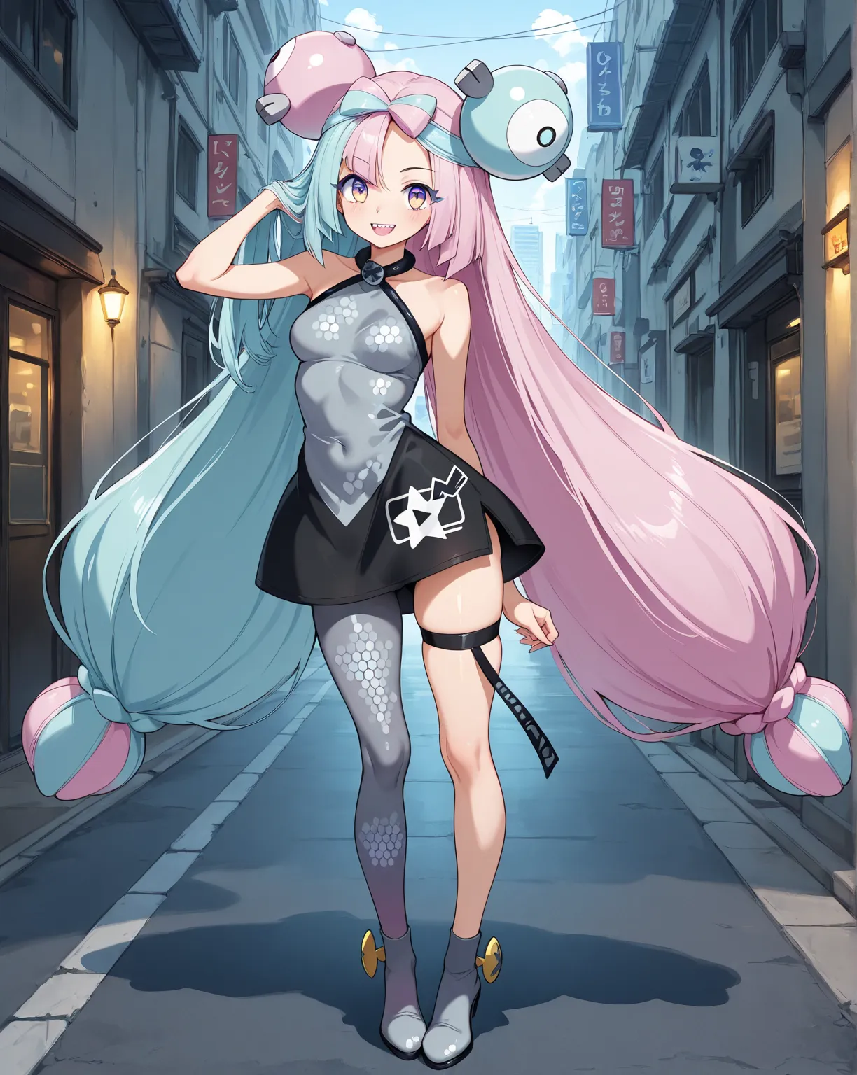 1 girl, solo, female only,

 (Iono \(Pokemon\),
long hair, multicolored hair, bow-shaped hair, bare head, 
gradient eyes, slim,)

Iono outfit, (Pokemon outfit, halterneck,
sleeveless, grey dress, 
tigh straps, bike short, short under dress, 
single leg pan...