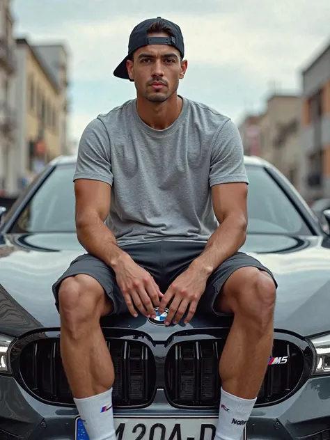 A 20 year old boy, Argentinean,  with the cap for BACK,  brown eyes ,  with sportswear , on a BMW M5 