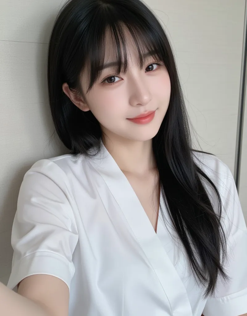 Japanese Girls、  charming、best visual、Fresh, 乳white色の肌、long black hair with bangs、pins and straight hair、Narrow eyes、droopy eyes、 has a big nose、  slim figure、Genuine 、36 years old、Everyday selfies、hair is long and straight、full body 、smile、face masks（whit...