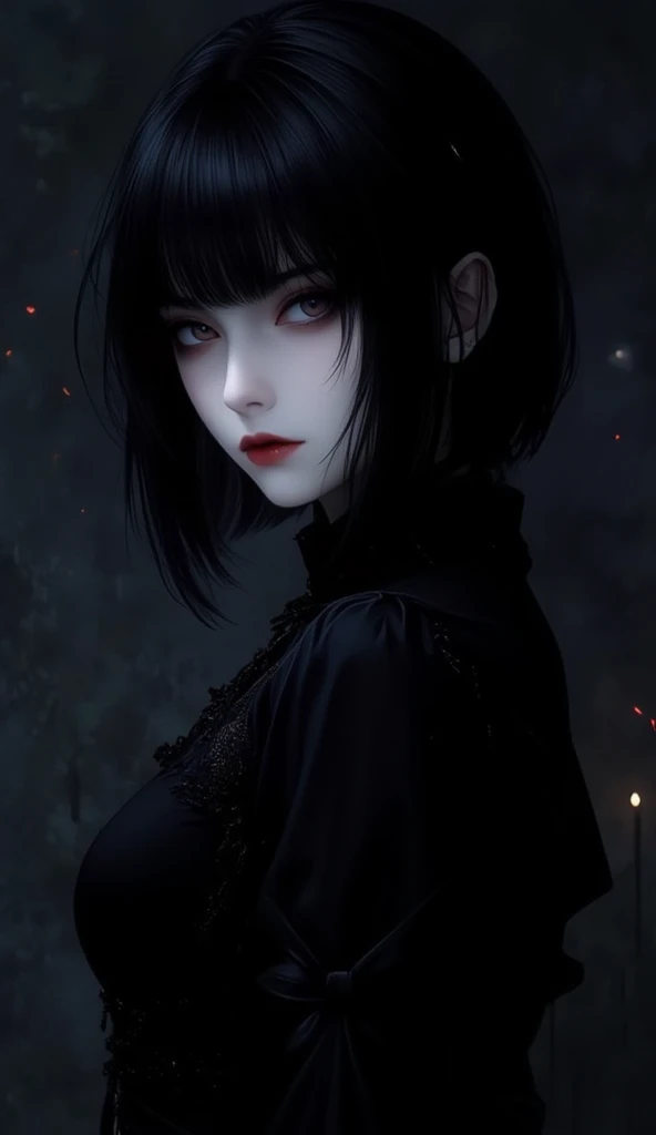 (high quality: 1.3), lens, masterpiece, (sharp focus: 1.5), (lifelike: 1.3), medium portrait (A beautiful young vampire woman, pale skin, Gothic, Still proud and fierce, Black short bob straight hair, dark appearance, Wearing a sophisticated dark tunic, da...