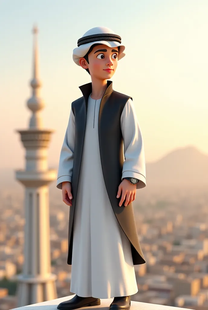 Create an animated character a beautiful boy standing on the roof of makkah tower worn a fullwhite jubba , fullblack vastcoat, and watch.and seanseal and he is shadowing with kerchief 