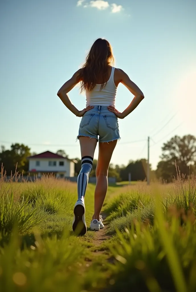 there is a woman standing in the grass with her hands on her hips, a picture by reyna rochin, dribble contest winner, happening, one legged amputee, she is about 1 , shot on gopro9, panoramic view of girl, full body picture, standing on two legs, forced pe...