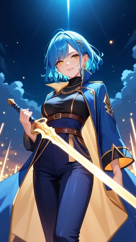 An anime character with silvery blue hair and glowing gold eyes.  It has a serene expression , most powerful,  transmitting intelligence and calm . Her attire includes a long dark blue coat with gold details, a black turtleneck blouse and matching tight pa...