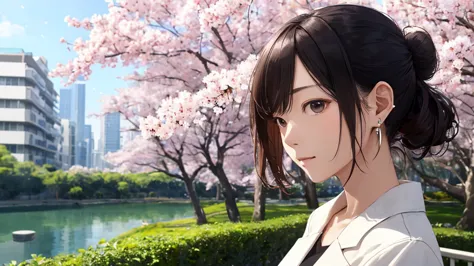 Shiraishi Mei, Looks exactly like Shiraishi Mei, woman looking up at the sky , (highest quality、masterpiece、High Resolution)、、(anime art)、（( neatly trimmed bun hair 1.8)）。One person((2.0))、20th Generation、Right beside･profile（(1.2)）、 so that the light sour...