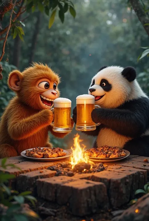 In the heart of the jungle, under the warm glow of a flickering campfire, the fluffy, chubby orange-golden monkey and the chubby panda sit together at a rustic wooden table. Plates of sizzling grilled meat fill the air with a smoky aroma, while the two com...