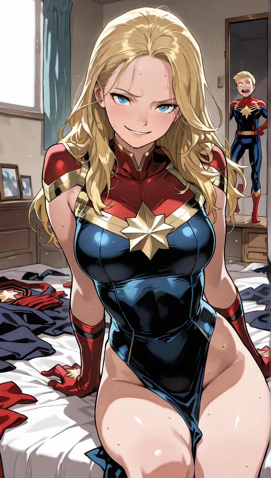 ((masterpiece,best quality)), {Gurihiru_artstyle_LoRA: } {} { ((masterpiece,best quality)), {Gurihiru_artstyle_LoRA: } {} { ({ (cptmvl, blonde hair, long hair, perfectly shaped breast : perfectly fit body : wearing captain marvel suit, }{ pervert : siniste...