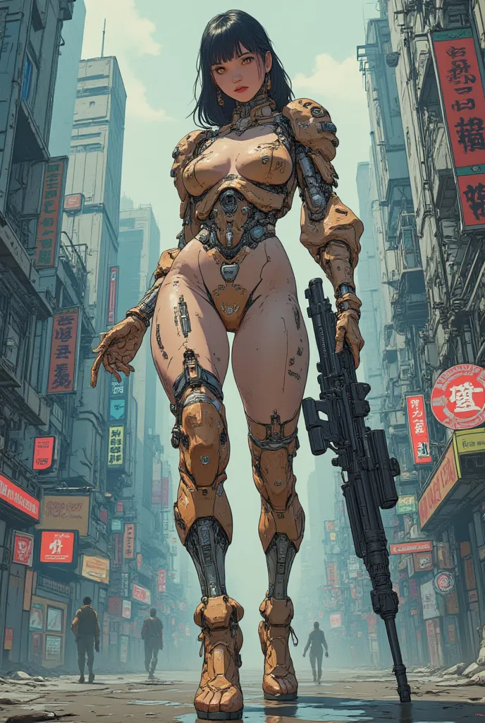 A sexy cyborg woman. cyberpunk. Cybernetic components. cyberpunk clothing  . Queue de cheval et frange. huge drooping chest. A very wide neckline. ville dystopique. She is armed with a sniper sniper rifle. She is wearing sexy cybernetic armor and fishnet s...