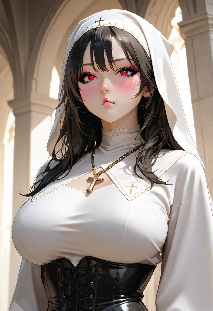 This is a highly detailed, digital illustration of a young woman in a provocative nun costume, created in a hyper-realistic, photorealistic style. The subject is a fair-skinned woman with a pale complexion, long, wavy black hair peeking out from beneath a ...