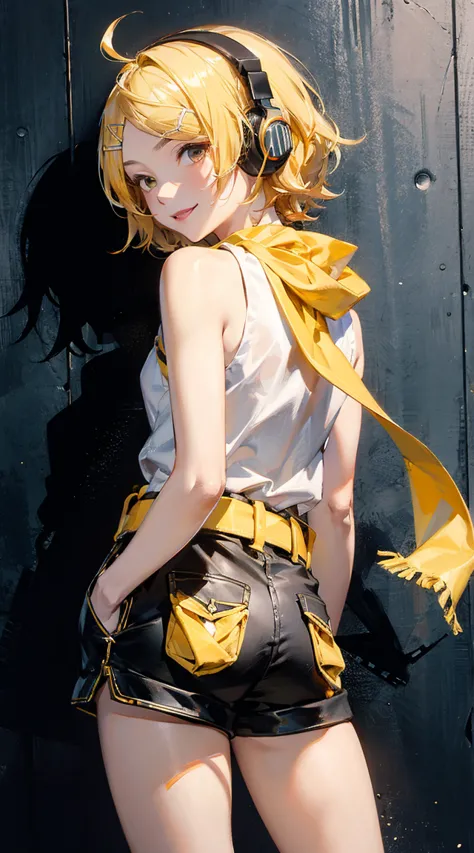 masterpiece, 1girl, Kagamine Rin, vocaloid, short hair, blonde hair, headphones, White Sailor suit, Sleeveless, black arm covers, black shorts(Back pocket), Yellow belt, yellow scarf, Smile, cute, White and yellow striped panties, 