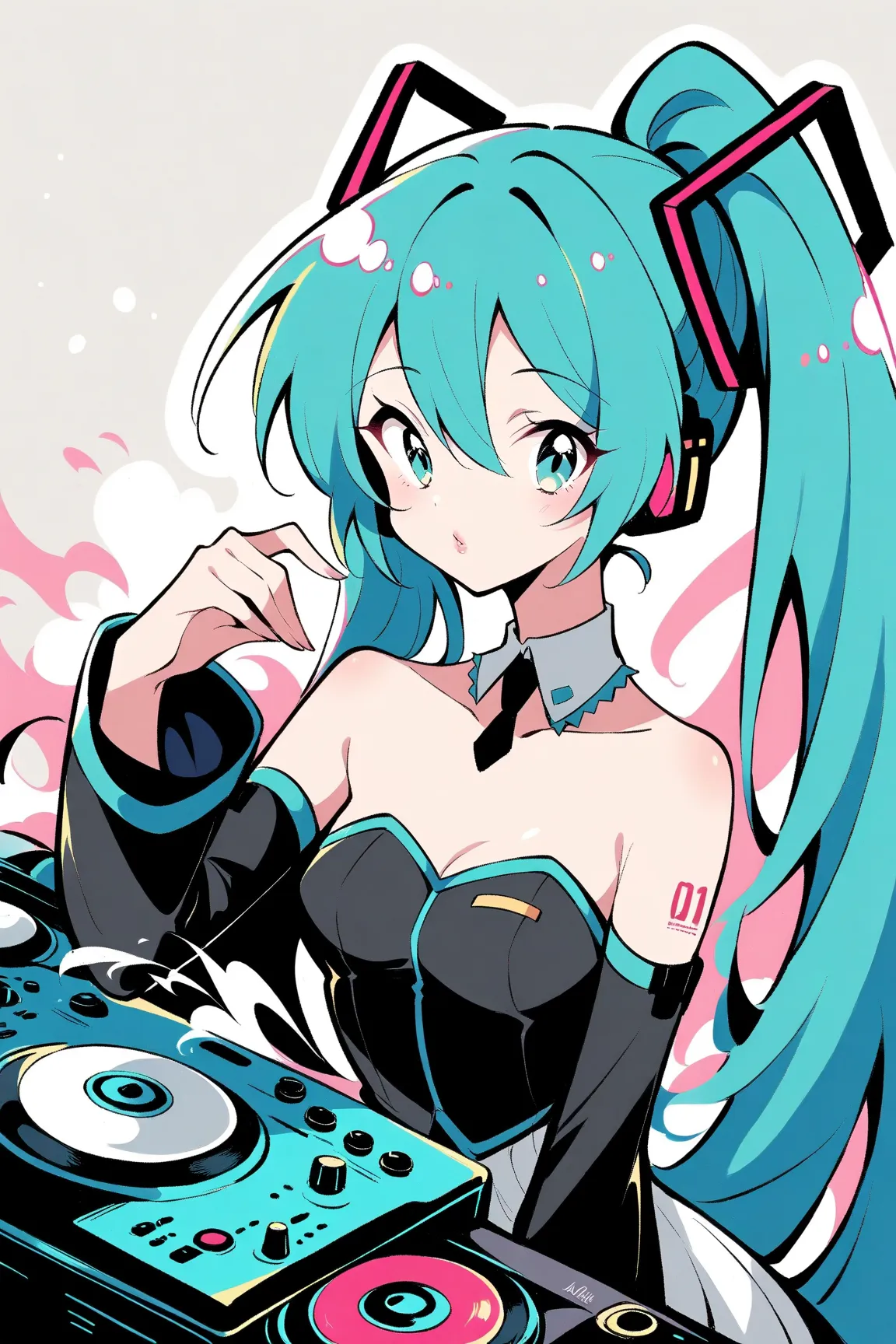 (has the best quality, sketch:1.2),practical, illustration designer  ,cunning，  mealioff  ,1 girl,   Hatsune Miku  ， delicate lips , hand， strapless， Neon long hair  ,  high ponytail green  ， skirt，  masterpiece,  This style is very retro, DJ.Emphasize out...