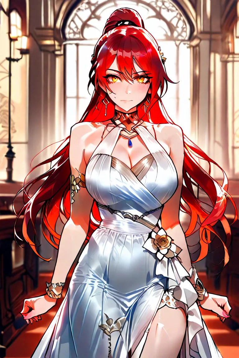 A highly detailed anime-style illustration of a female character, Rika 'Scarlet Tiger' Takeda, dressed in an elegant evening gown. She has long, vibrant red hair styled into a sleek high ponytail, with a few loose strands framing her confident and graceful...