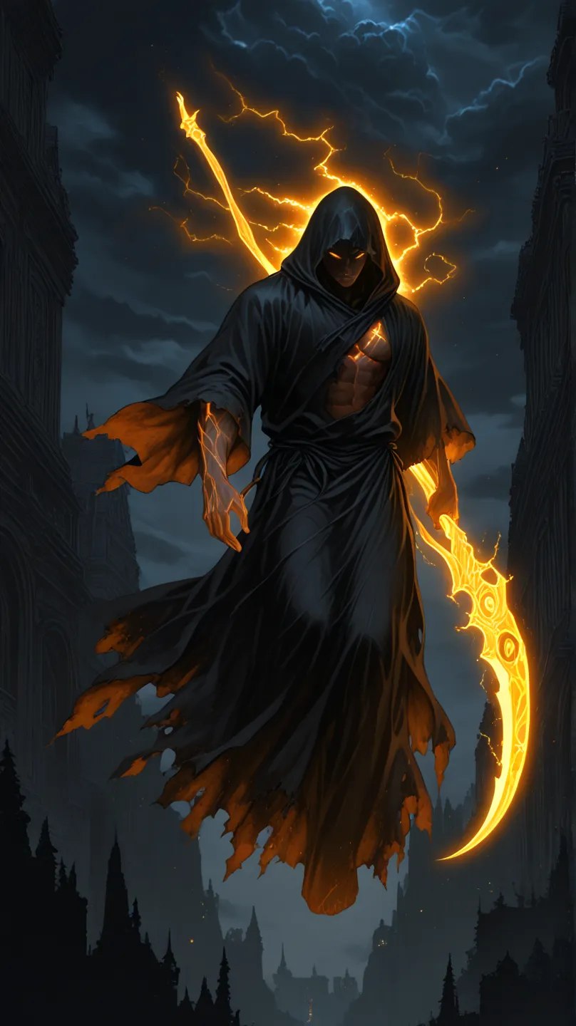 masterpiece, best quality, good quality,
1man, solo, orange eyes, shaved, dark hair, black hoodie robe, torn robe, simple armor, medium muscle body, athletic, holding a scythe orange aura, glowing scythe, glowing orange aura, his hands is glowing with aura...