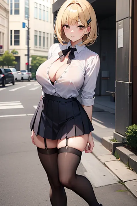 Himeko, joshi kousei rich thots, short hair, blonde hair, blunt bangs, (large breasts:1.6), grey skirt, white shirt, pleated skirt, brown eyes, loafers, stockings , strained blouse, hair clips, black ribbon, bondage