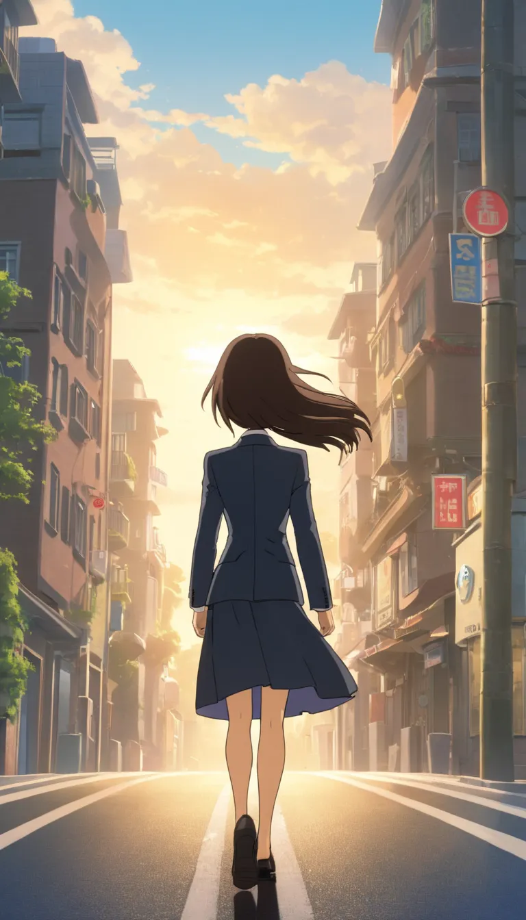   Studio Ghibli,,woman,30th Generation, long hair,Background street,Stand on the road,Crossroads,in a suit,formal skirt,high image quality,High Quality,4K,smile,from behind