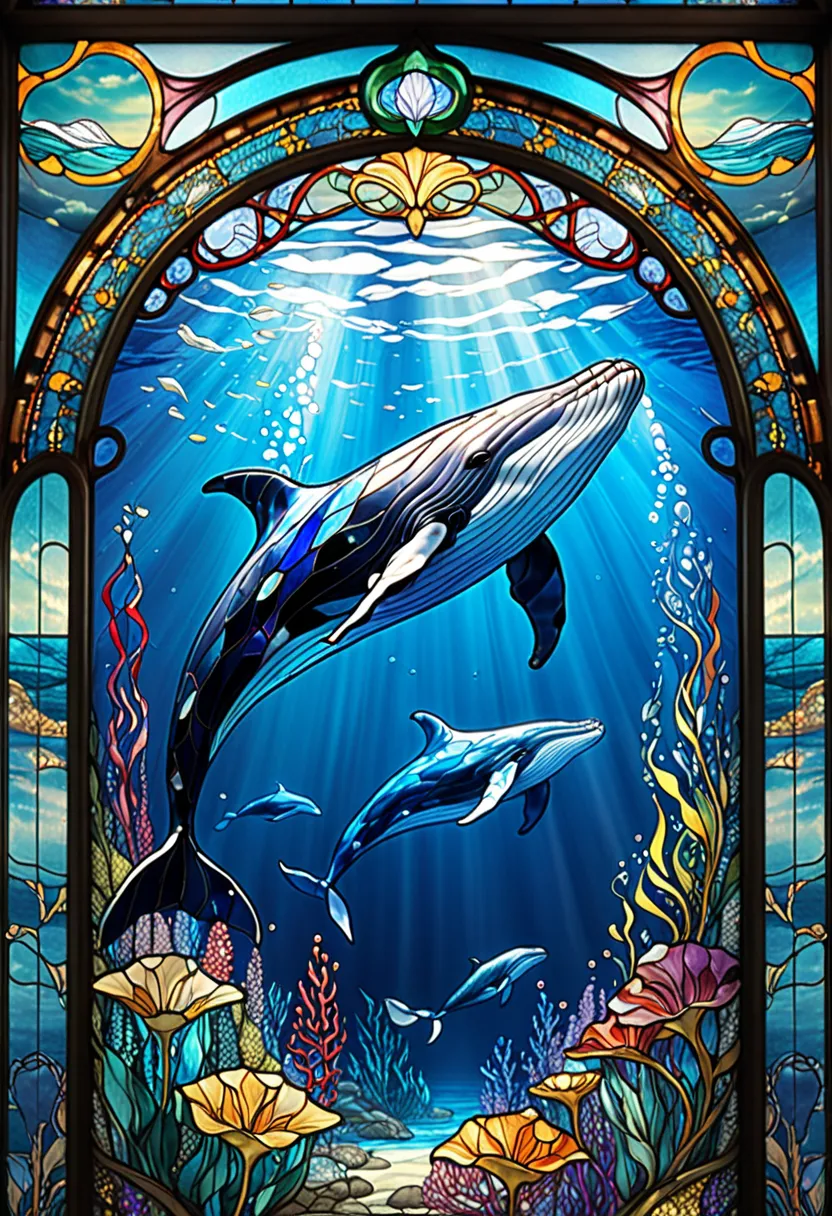 Jump to the surface of the sea１Closeup of a whale、Stained Glassアート、Stained Glassスタイル、輝くStained Glassの背景、Whale-themed、カラフルなStained Glass、ゴシックStained Glassスタイル、バックライト付きStained Glass、複雑なStained Glass、Stained Glass、psychedelic whales、inspired by Louis Comfort ...