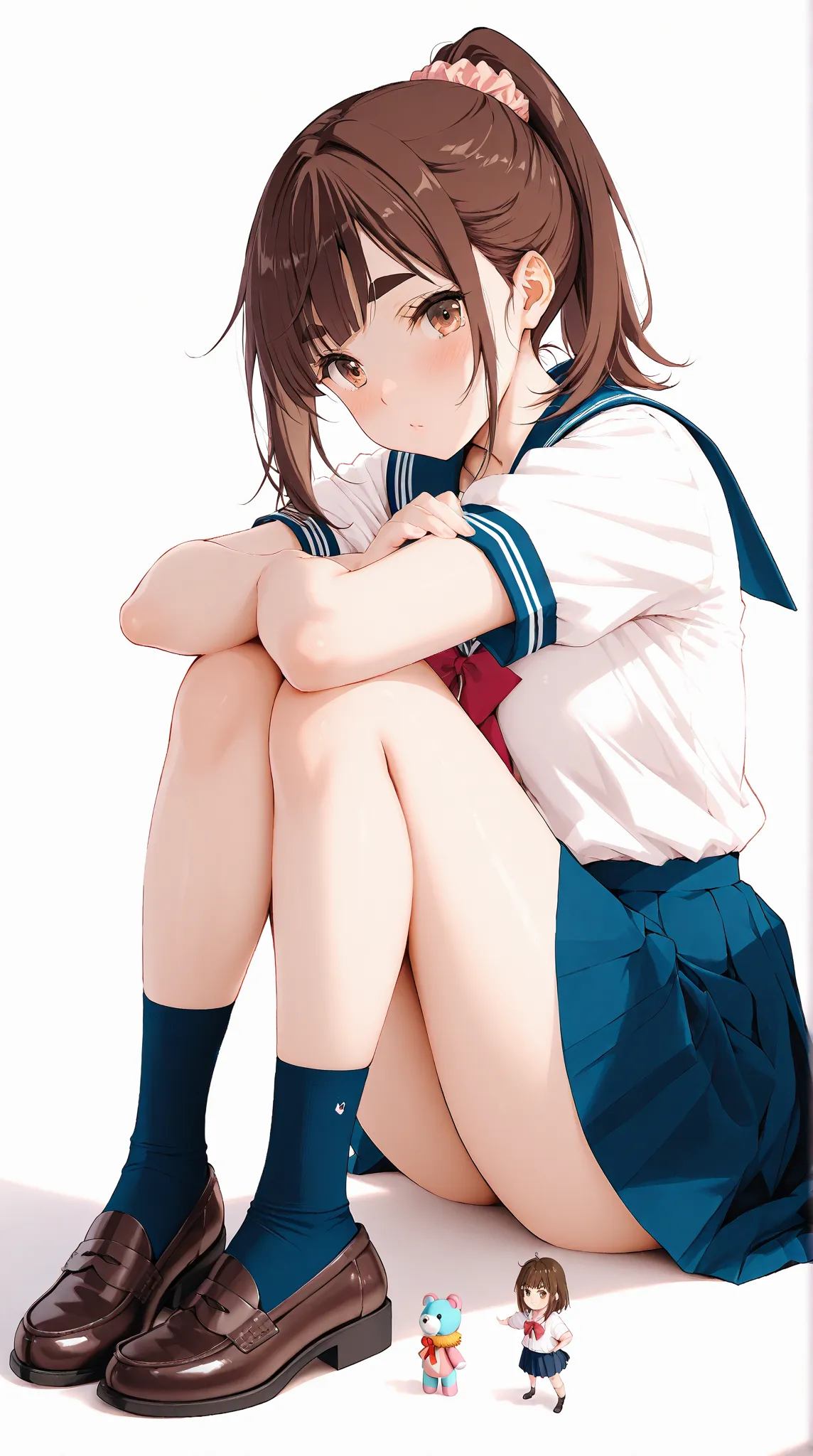 KYOMOMO, brown hair, brown eyes,  medium hair, distributed fringe, thick eyebrows, toys, ponytail, wearing a sexy traditional Japanese school uniform.
full body. 
Simple white background.
32K, HDR, UHD. 