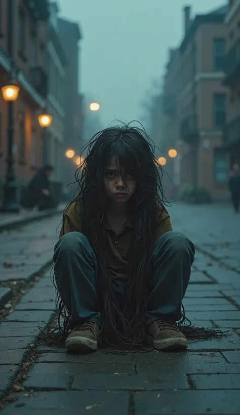 "A hyper-realistic 4K movie poster featuring the young boy with extremely long, tangled hair that reaches the ground, partially covering his face, sitting alone on a cracked sidewalk with a distant, sad expression. The setting is urban, with a dark, moody ...