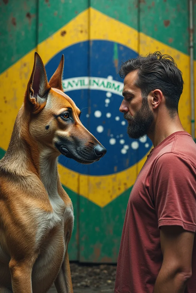 A man next to another dog-headed man with the Brazilian flag 