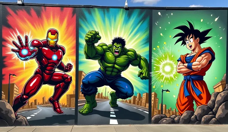 A manga comic-style triptych mural featuring three dynamic action scenes, featuring original superhero characters inspired by famous pop culture icons.

First panel: Marvel's Iron Man, dynamically posing in an attack stance, with energy beams glowing from ...