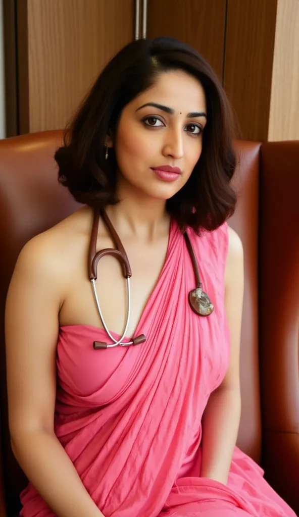 Indian girl doctor wearing pink saree and matching leather blazer sitting on high back leather chair, brown stethoscope hanging around her neck