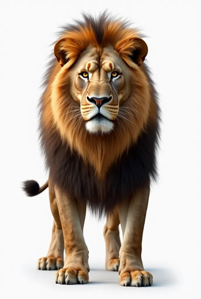 Majestic full-bodied lion, with abundant and realistic hair, standing with powerful posture. Completely clean white background, soft lighting that highlights the details of the fur and the expression of the lion, intense and noble look. high resolution,  