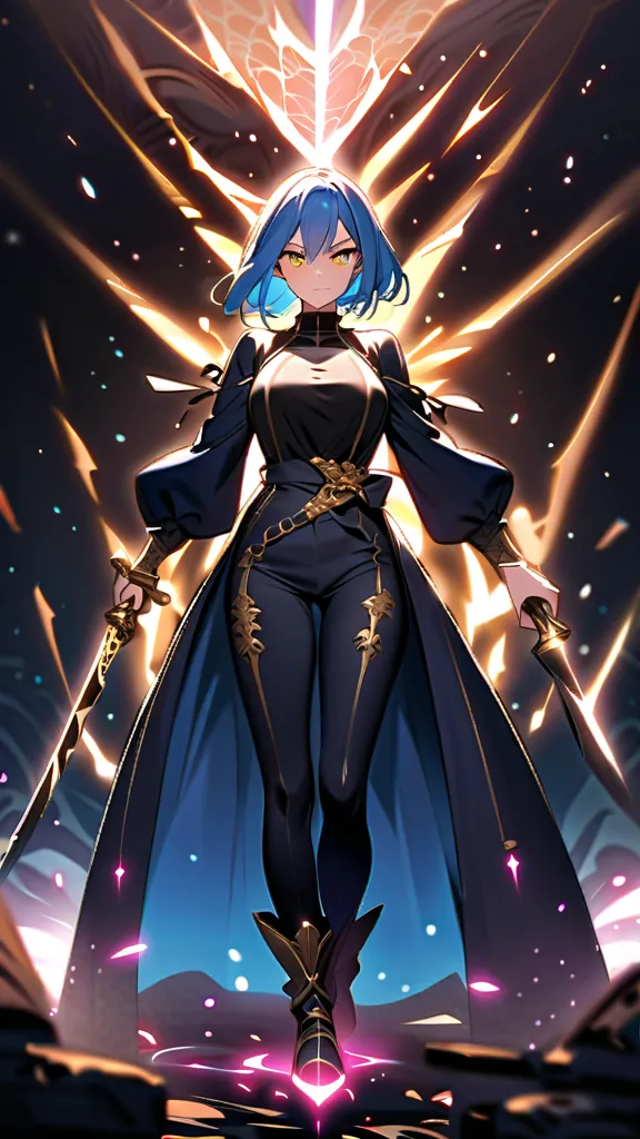 An anime character with silvery blue hair and glowing gold eyes.  It has a serene expression , most powerful,  transmitting intelligence and calm . Her attire includes a long dark blue coat with gold details, a black turtleneck blouse and matching tight pa...