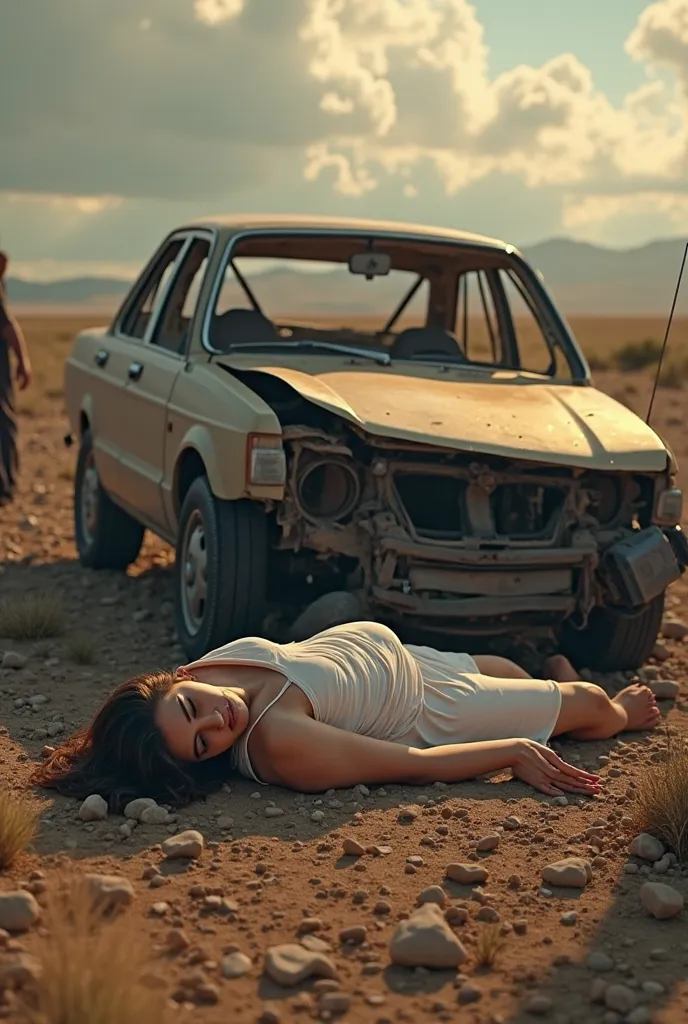 A woman is lying on the ground next to a destroyed car, the scene depicts an accident, Jesus appears observing the situation, ultra realistic image, in 8k