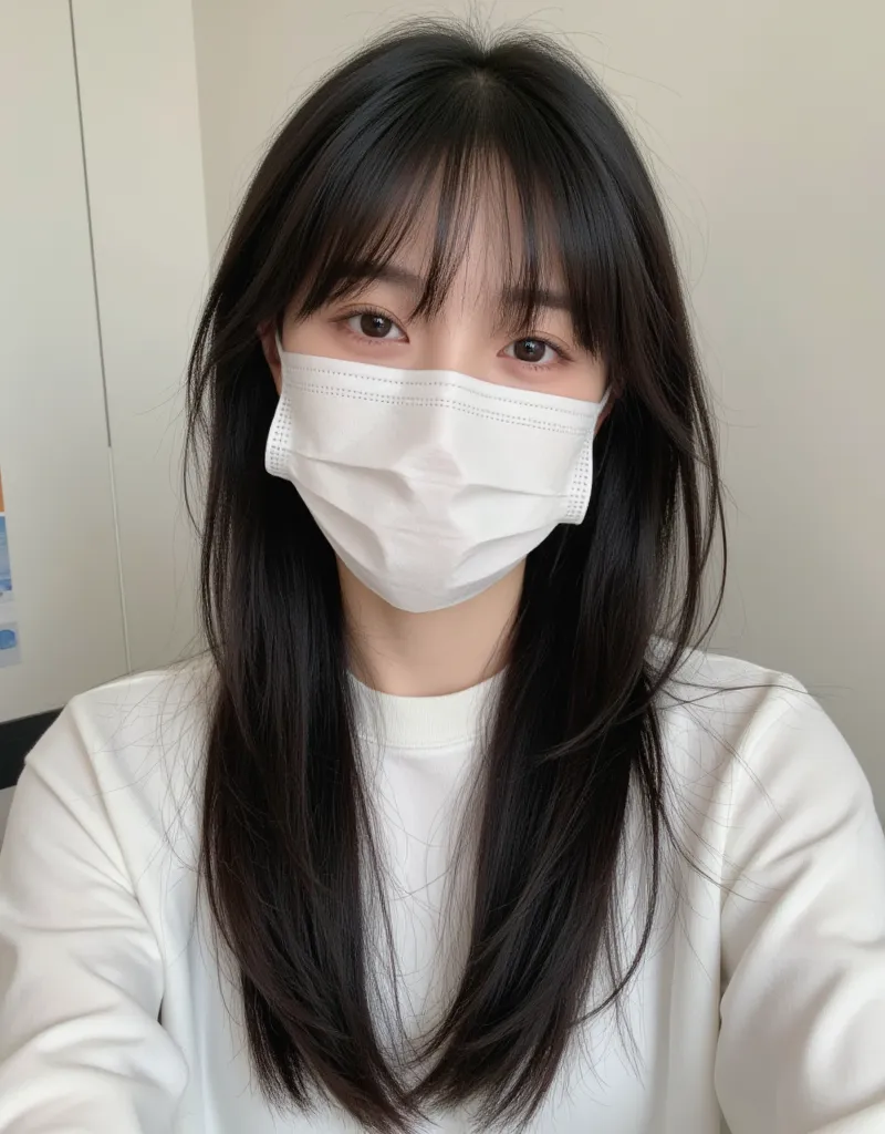 Japanese Girls、 乳white色の肌、long black hair with bangs、pins and straight hair、Narrow eyes、droopy eyes、 has a big nose、  slim figure、Genuine 、38 years old、Take selfies with the timer function、hair is long and straight、full body 、smile、face masks（white）、real、m...