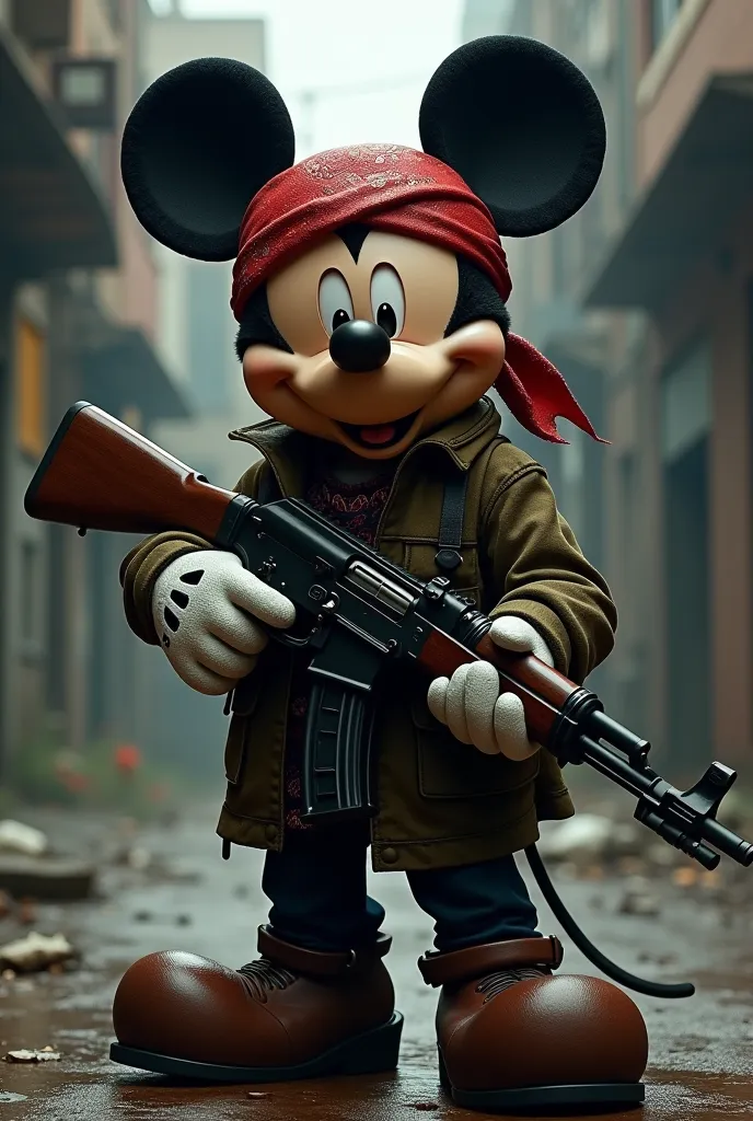 gangster thug mickey mouse holding an ak47 and a red bandana on his head