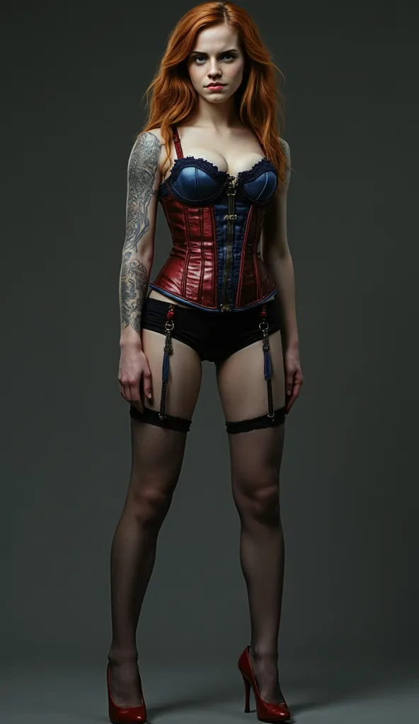 Hermion grenger.realistic.shiny scaly corset dark red and blue,black panty,fishnet stocking,black garter belt with red straps.classic pump stilleto high heels.standing.pro figure.red lipstick.