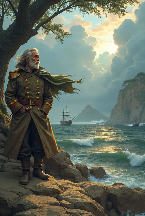 An old man, captain clothes, standing by a sea shore, sunset, man is looking to the horizon, wind, an island and a ship, no trees, man is on rocks. 