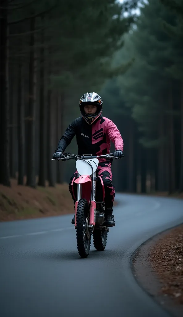 A handsome brown-haired Korean man, wearing a full black-pink mottocross jersey costume, is riding a dirt bike on an asphalt road that bends and is lined with tall trees on the edge, in a dark, quiet night.