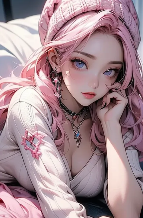 ((    masterpiece   :1.2)).8k.         sexy、     beauty、           yandere    、、      upper face tattoo           、            Christian Dior necklace 、((         pink hair near MM)).((  )).((    Wizard Cosplay)).((cute knitted hat     )).(( lying down)).