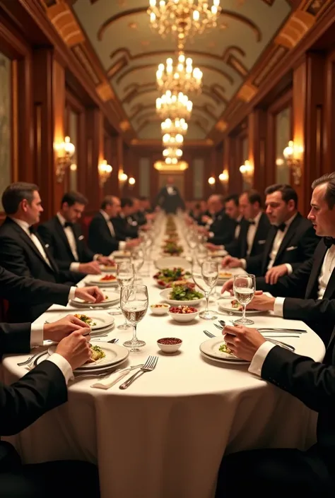 "An ultra-realistic image in point-of-view (POV) style, capturing the first-person perspective of a passenger dining in the luxurious banquet hall of the Titanic. The viewer’s hands and arms, dressed in an elegant early 20th-century suit, rest on the fine ...