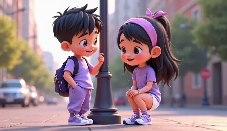 The image shows two ren – a boy and a girl on the street by a lamppost – in the style of **3D animation with elements of hyperrealism**. They look ** stylish, neat and cute**, creating an atmosphere of friendship and lightness.  

---

### **Detailed descr...